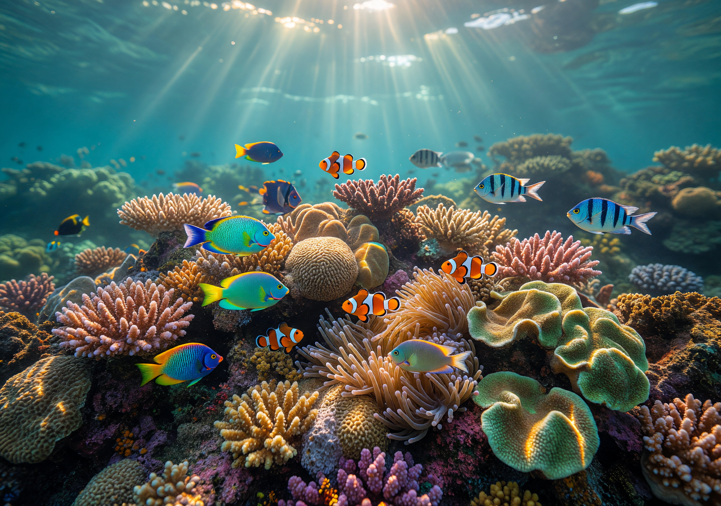 Sunlit Vibrant Coral Reef with Colorful Tropical Fish