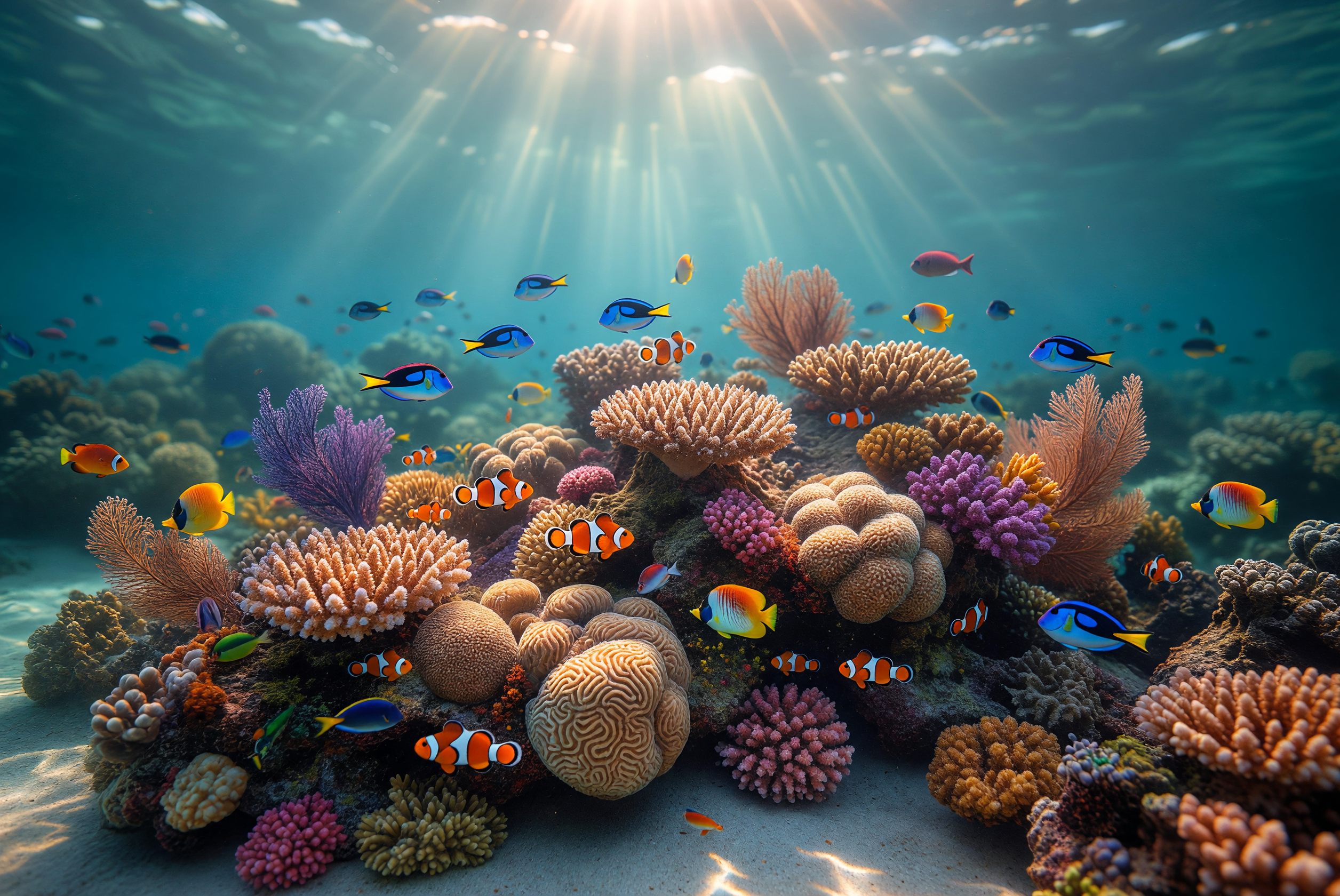 Sunlit Vibrant Coral Reef with Colorful Tropical Fish