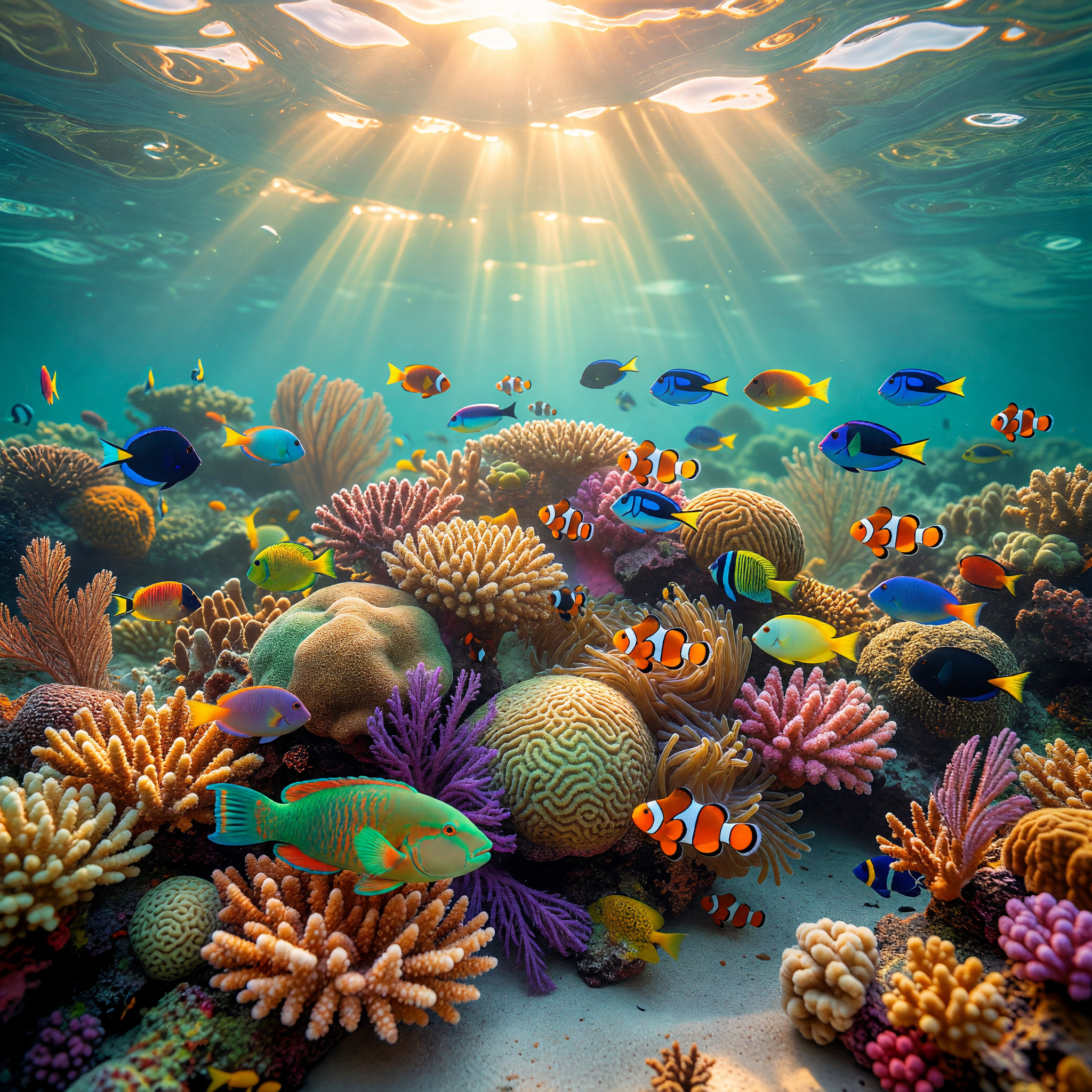 Sunlit Vibrant Coral Reef with Colorful Tropical Fish
