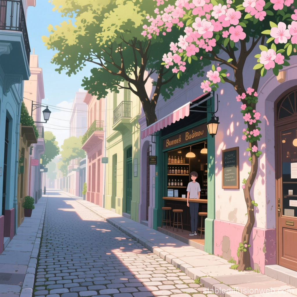 Sunny Alley with Blossoming Tree and Cafe in Anime Style