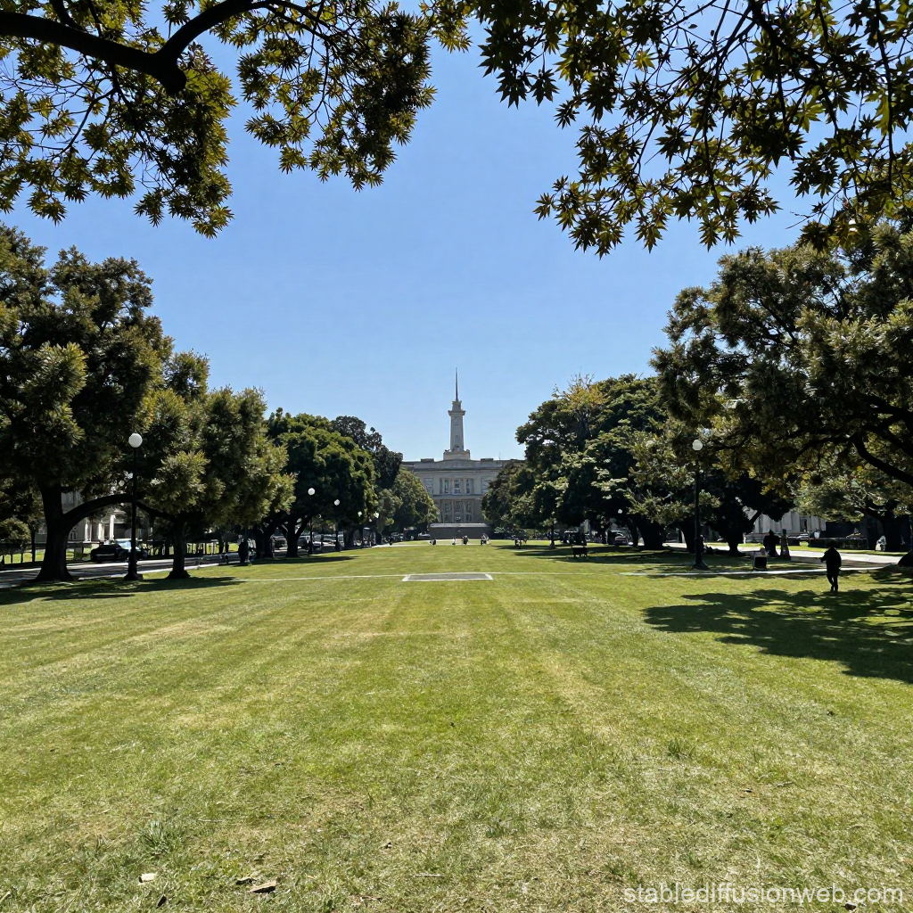 Sunny Day at a Spacious Urban Park with Historic Building