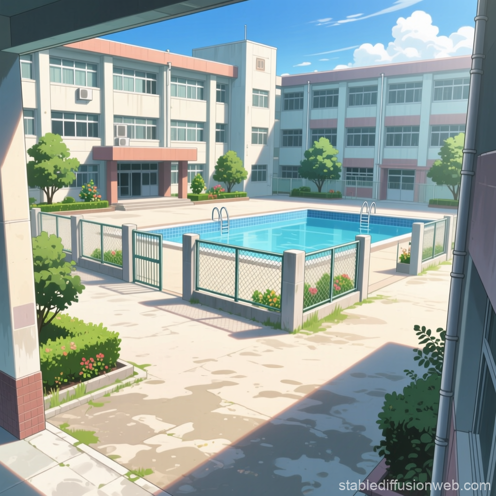 Sunny School Courtyard with Swimming Pool in Anime Style