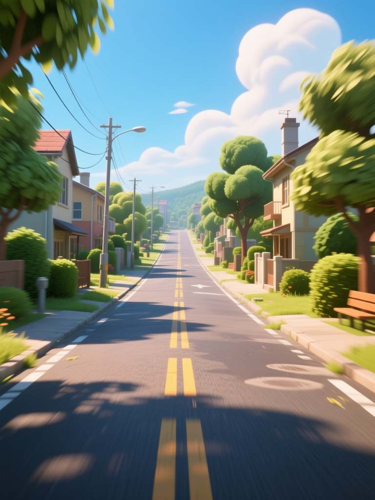 Sunny Suburban Street with Lush Greenery