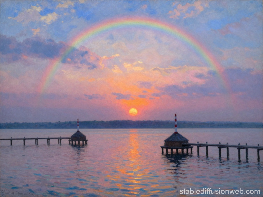 Sunrise Over Calm Waters with Rainbow