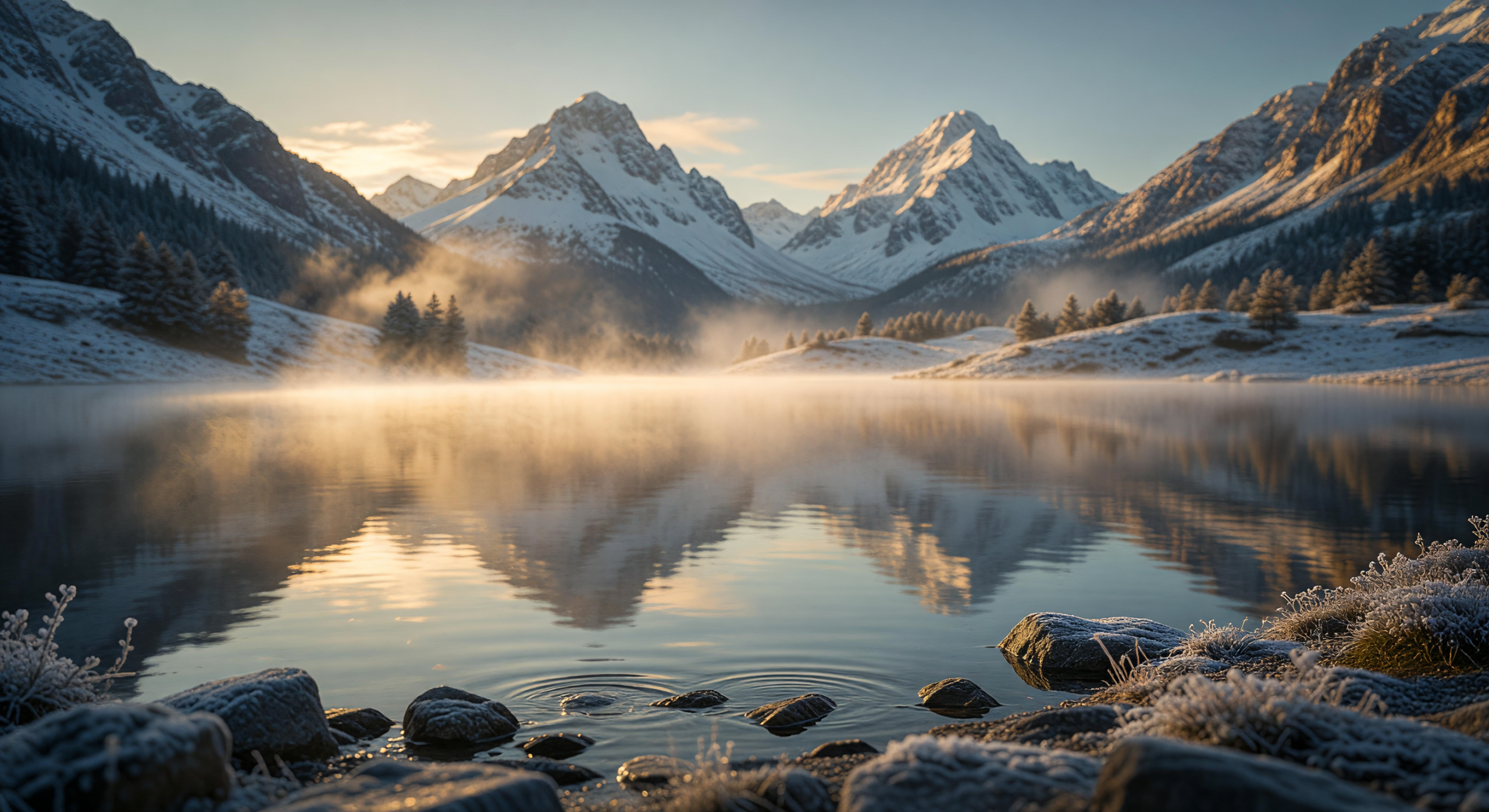Sunrise Serenity Over Misty Mountain Lake