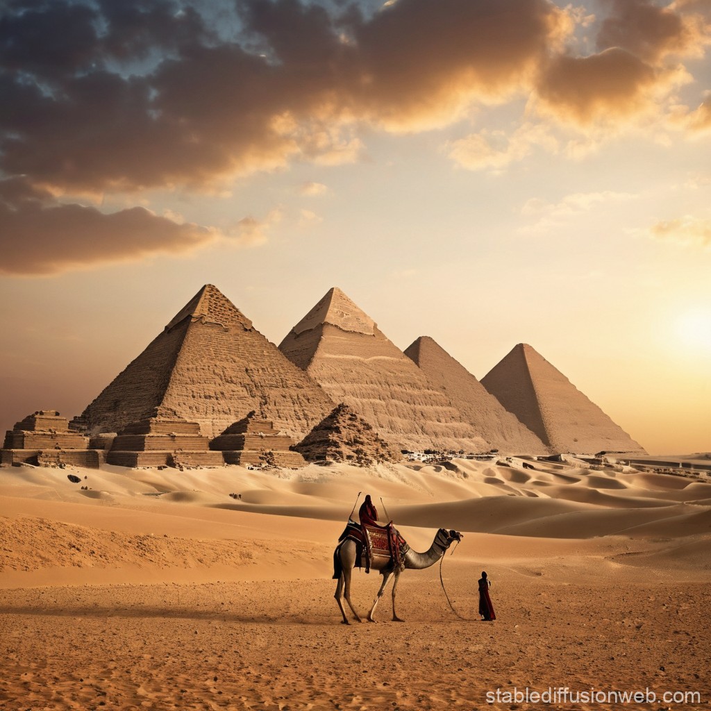 Sunset at the Great Pyramids of Giza with Camel and Guide