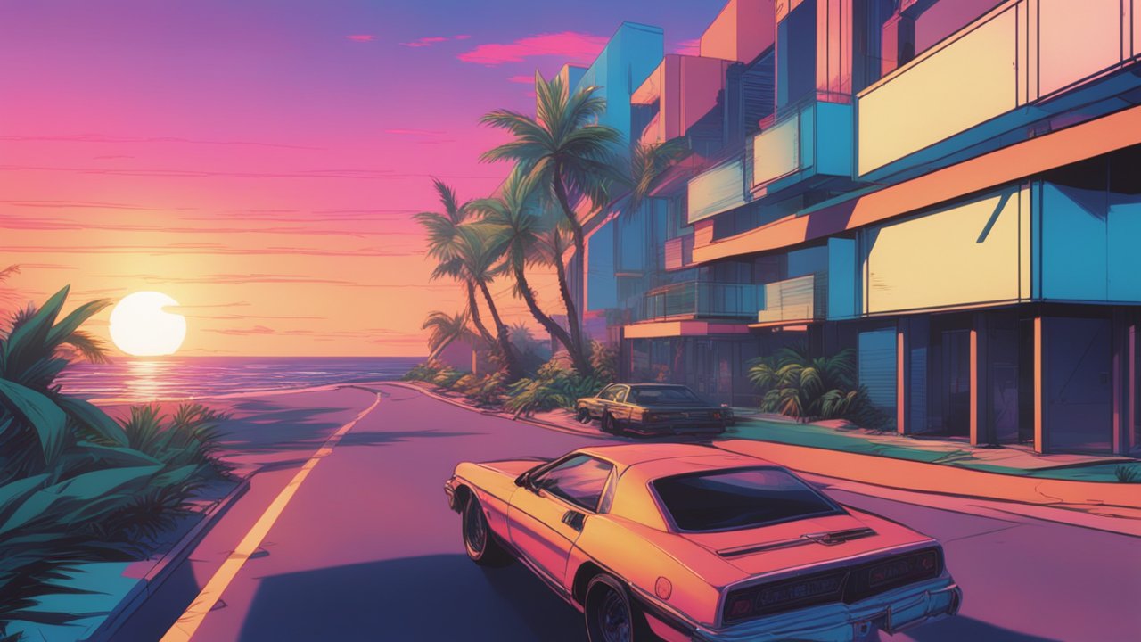 Sunset Drive Along a Coastal Road in Retro Comic Style