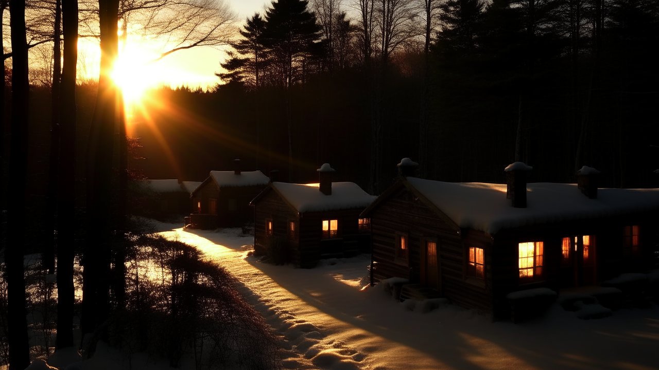 Sunset Glow on Snowy Cabin Village