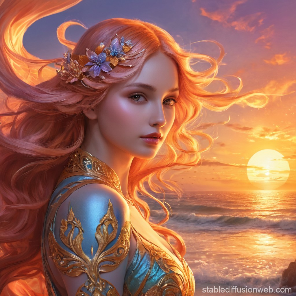 Sunset Goddess with Flowing Red Hair by the Ocean