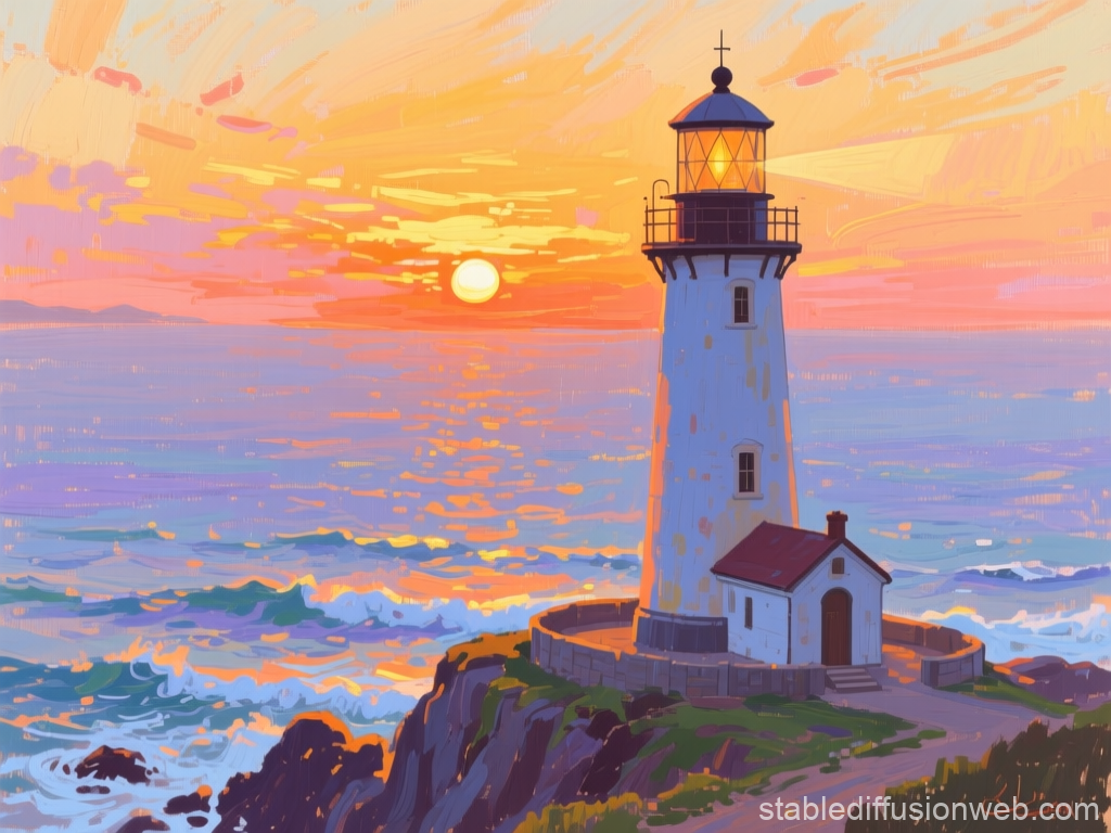 Sunset Lighthouse Gouache Painting
