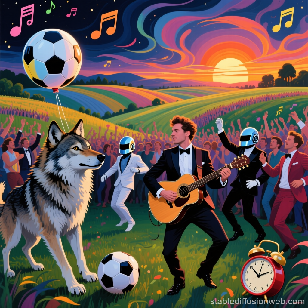 Sunset Music Festival with Guitarist, Wolf, and Futuristic Dancers