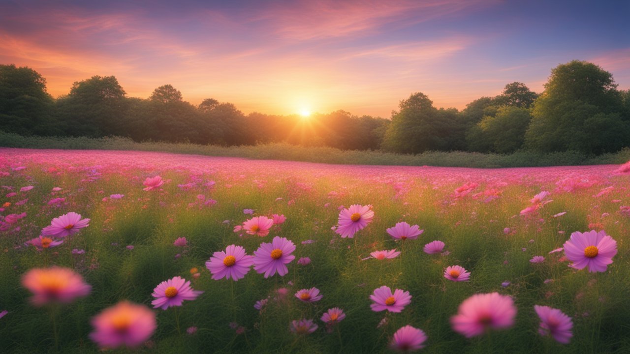 Sunset Over a Blooming Pink Flower Field