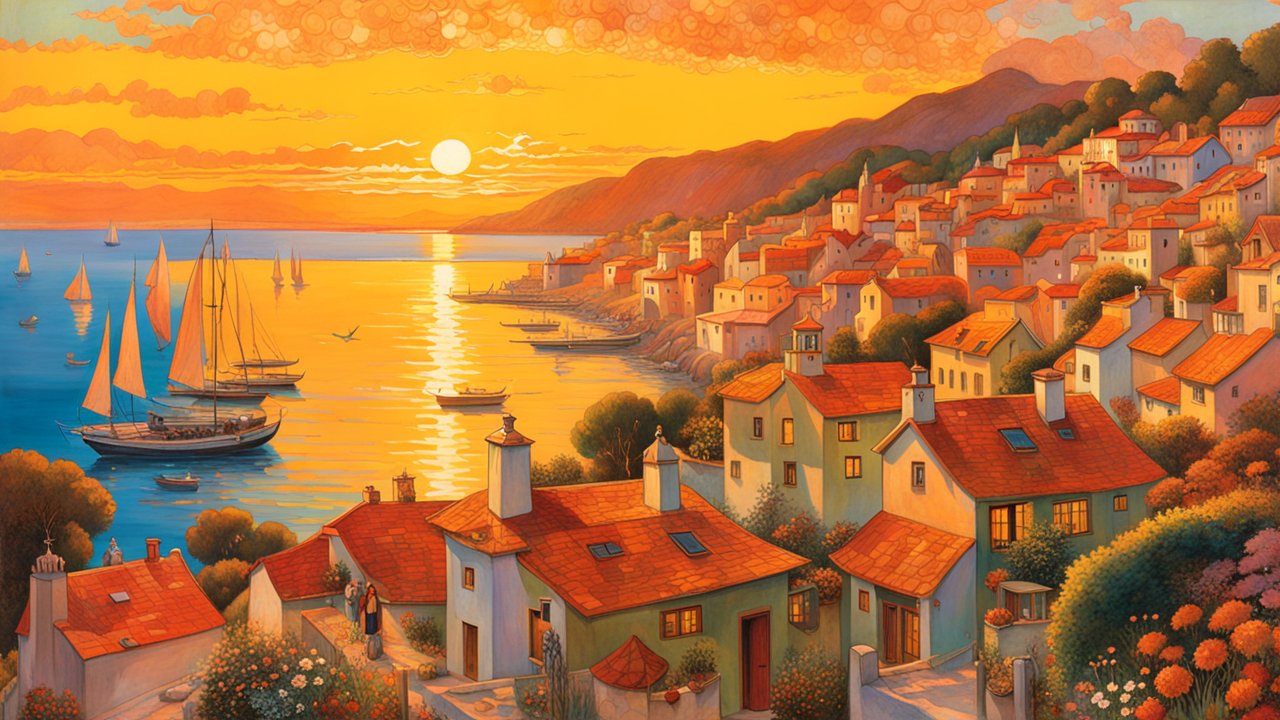 Sunset Over a Coastal Village with Sailing Boats