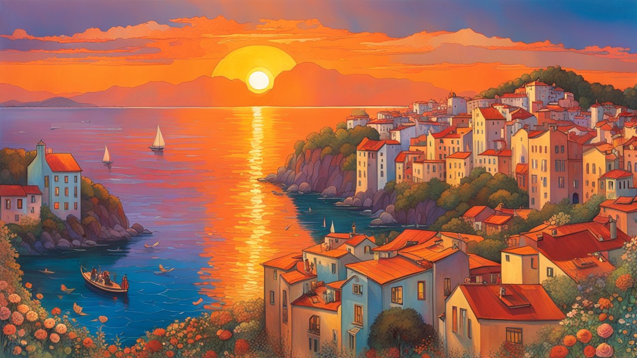 Sunset Over a Coastal Village with Vibrant Colors
