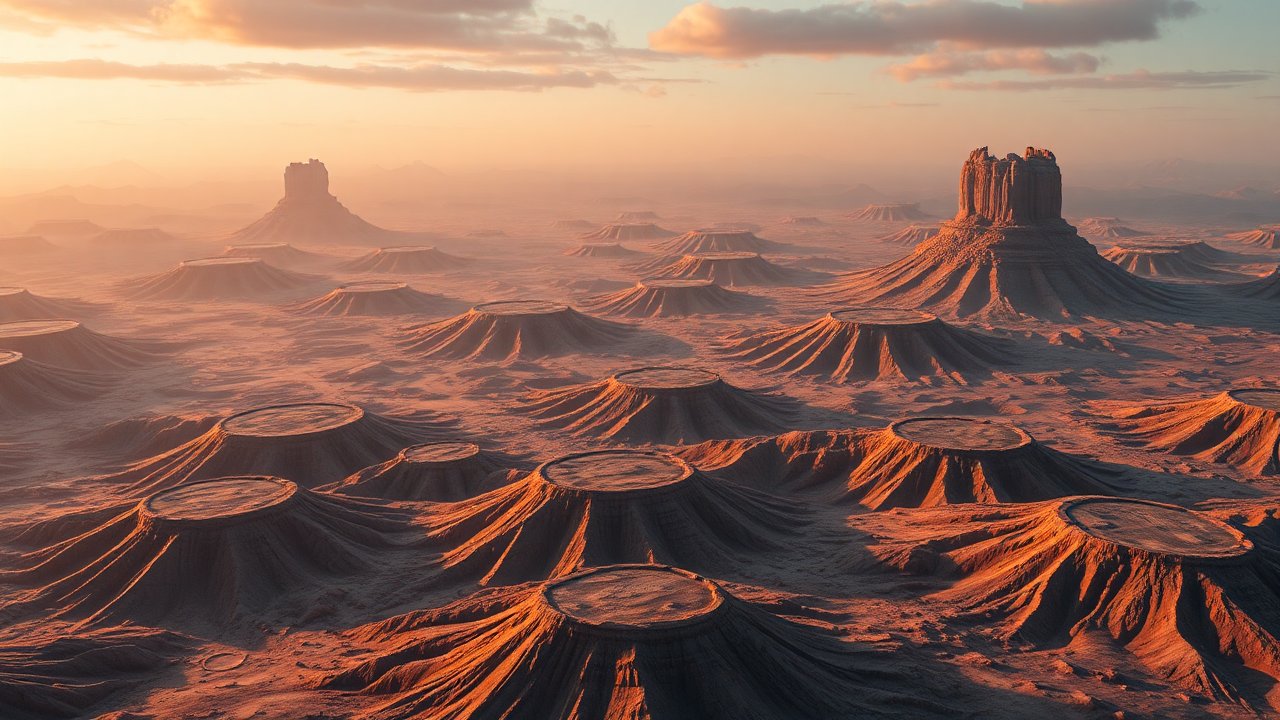Sunset Over a Cratered Desert Landscape