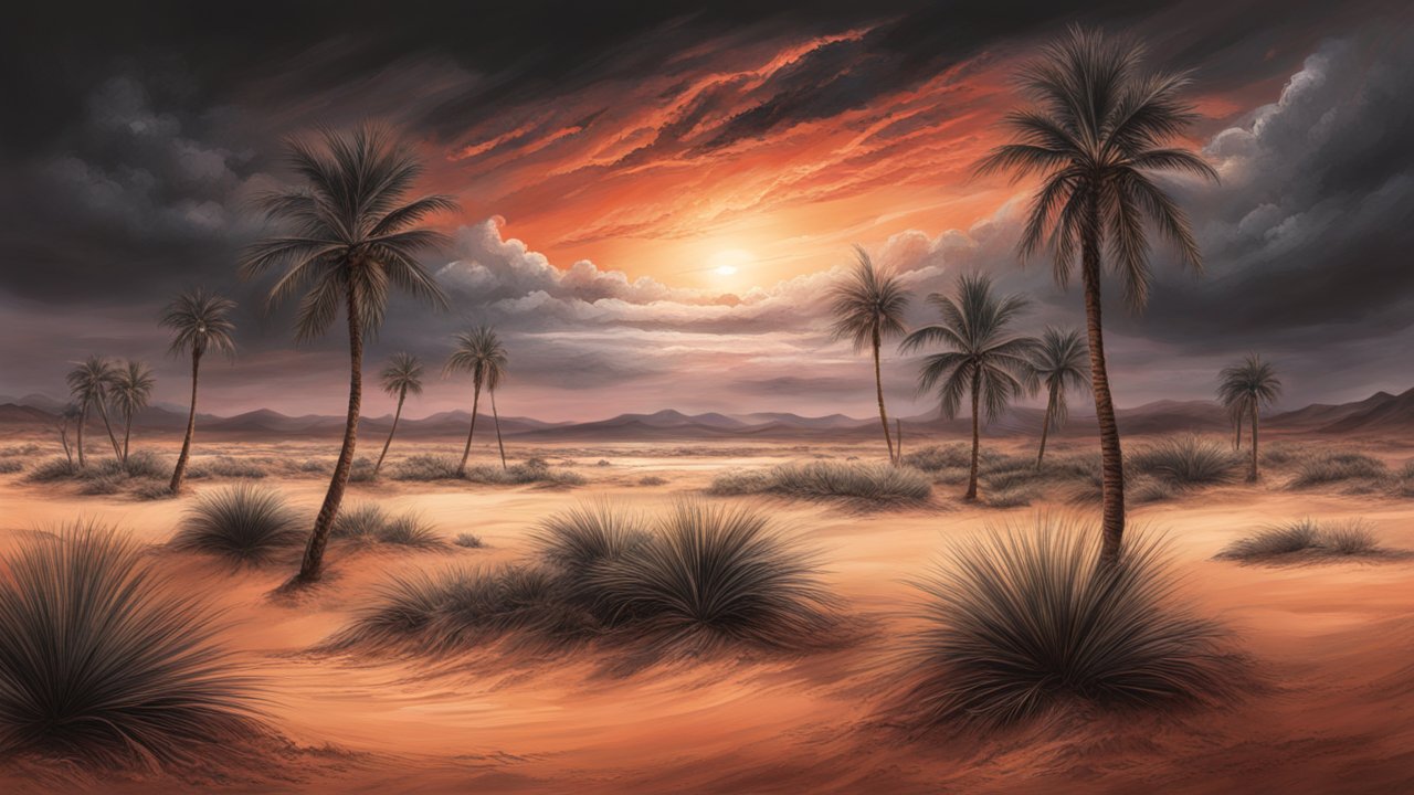 Sunset Over a Desert Landscape with Palm Trees
