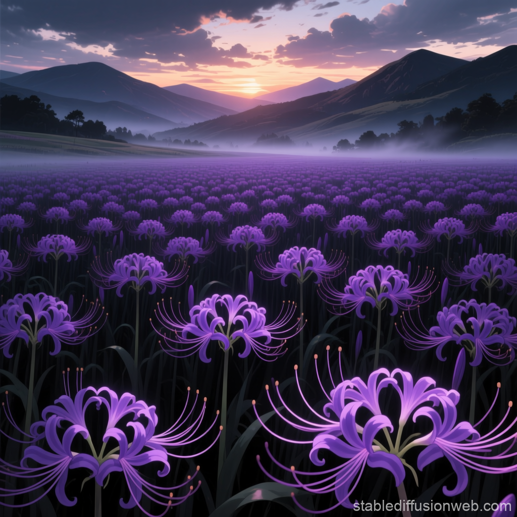 Sunset Over a Misty Spider Lily Field