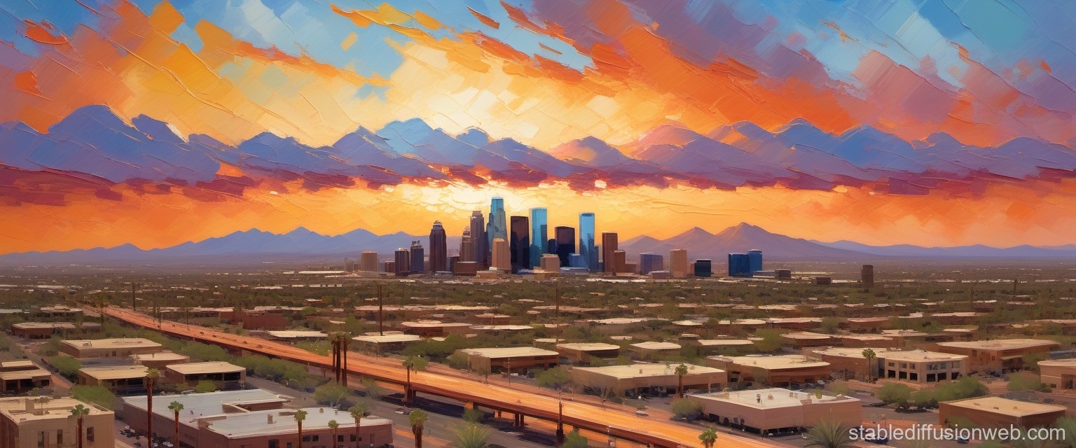Sunset Over a Modern Cityscape with Mountains