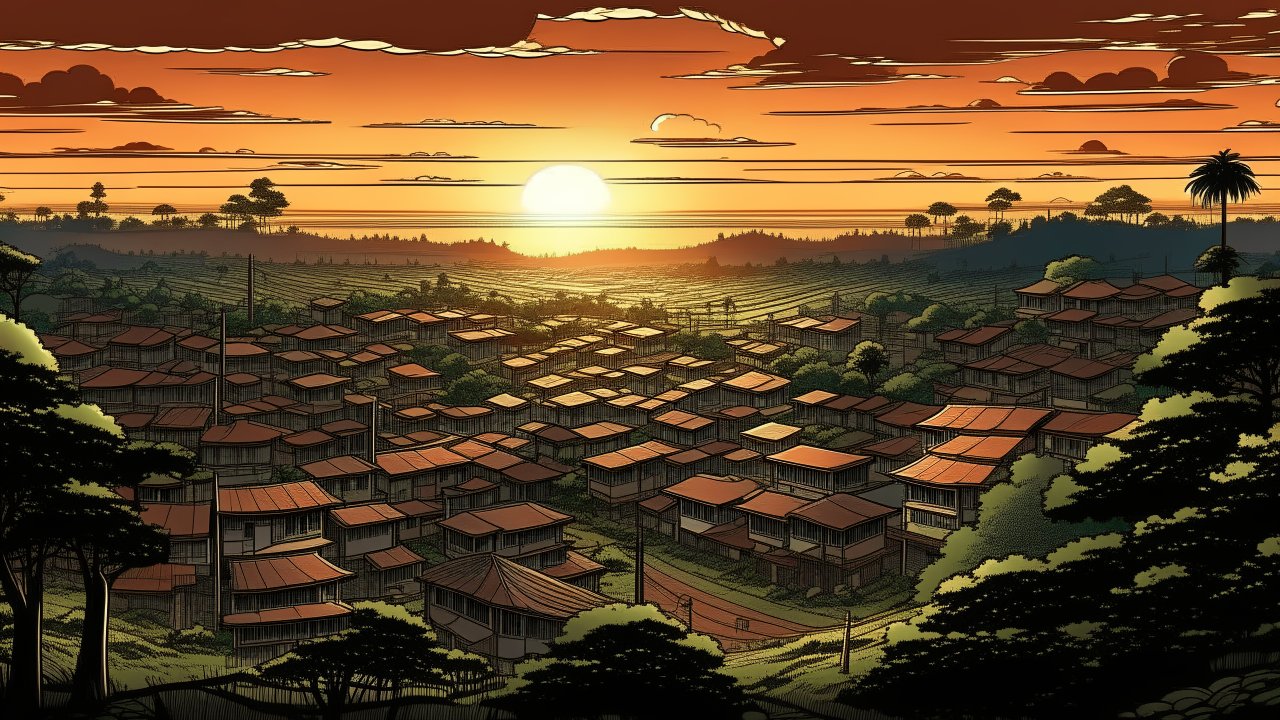 Sunset Over a Serene Village Landscape
