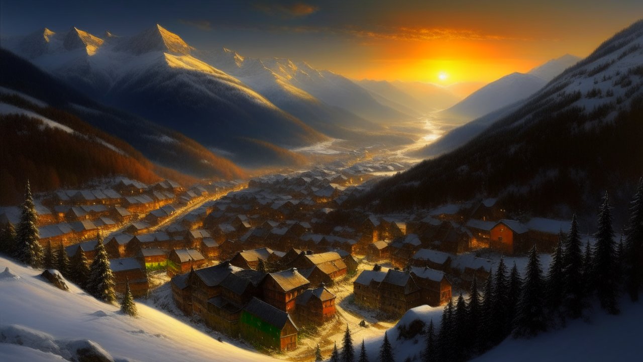 Sunset Over a Snowy Swiss Village in the Mountains