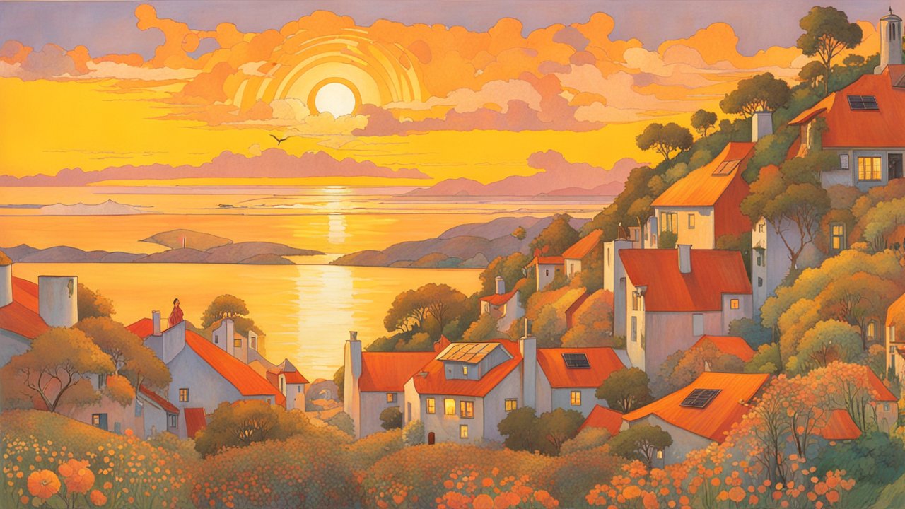 Sunset Over a Solarpunk Coastal Village