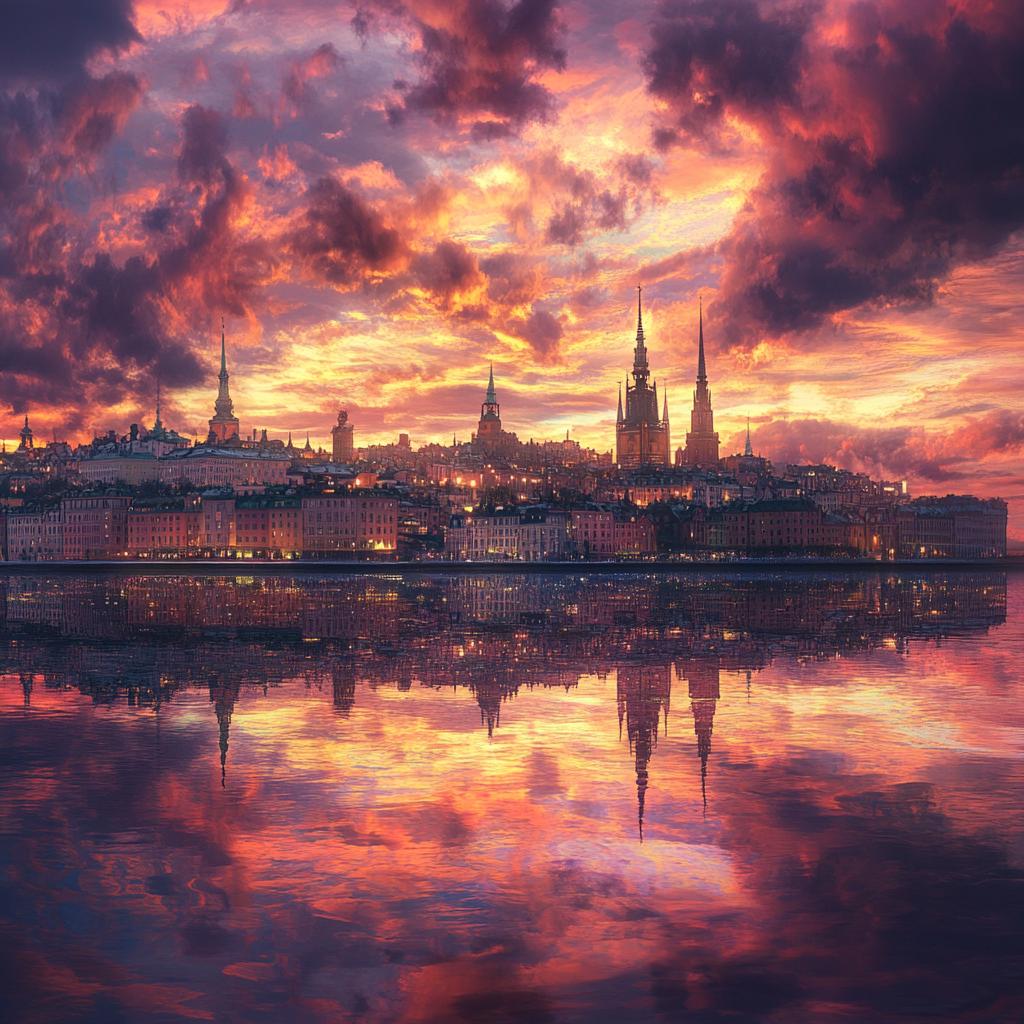 Sunset Over Historic Cityscape with Reflective Water