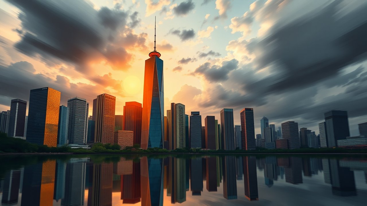 Sunset Over Modern City Skyline with Reflective Water