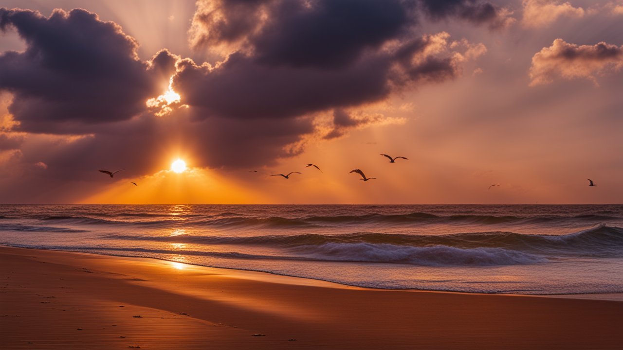 Sunset Over Ocean Waves with Flying Seagulls