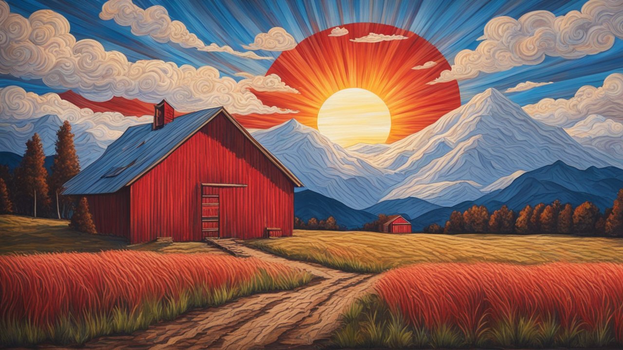 Sunset Over Red Barn in Stylized Mountain Landscape