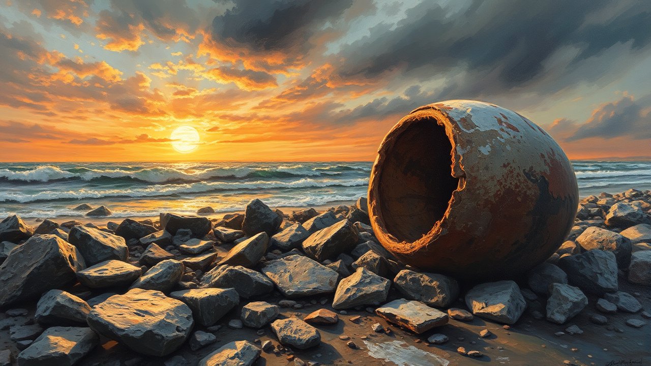 Sunset Over Rocky Shore with Rusted Sphere