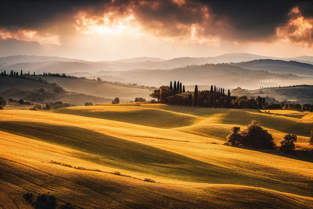 Sunset Over Rolling Autumn Hills in Tuscany