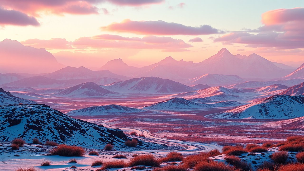 Sunset Over Snowy Mountain Landscape