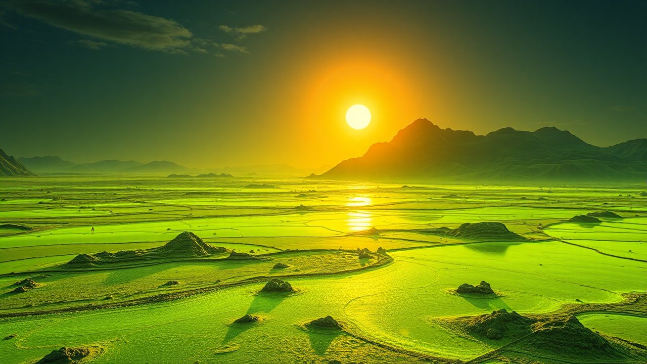 Sunset Over Vibrant Green Landscape with Mountains