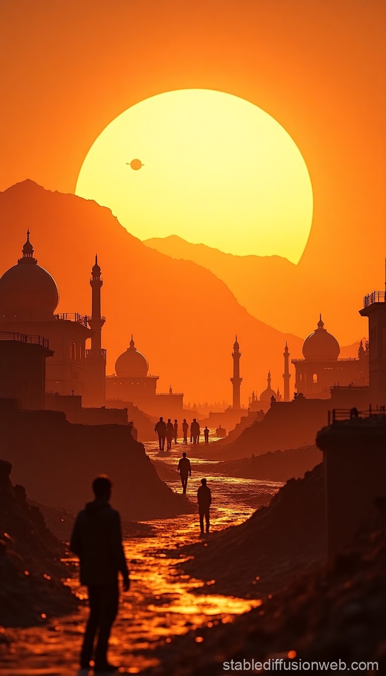 Sunset Silhouettes in a Mystical Cityscape