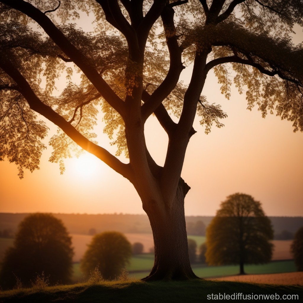 Sunset Through a Majestic Tree in a Peaceful Countryside