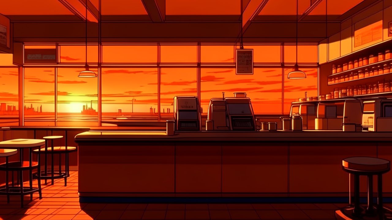 Sunset View Inside a Cozy Anime Coffee Shop