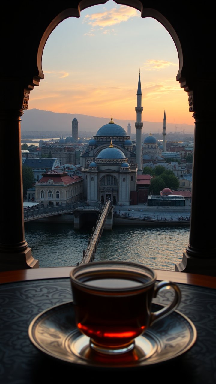 Sunset View of Istanbul Mosque with Tea in Foreground