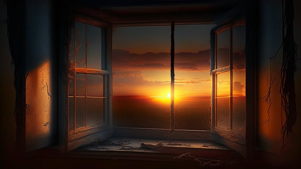 Sunset View Through an Old Window