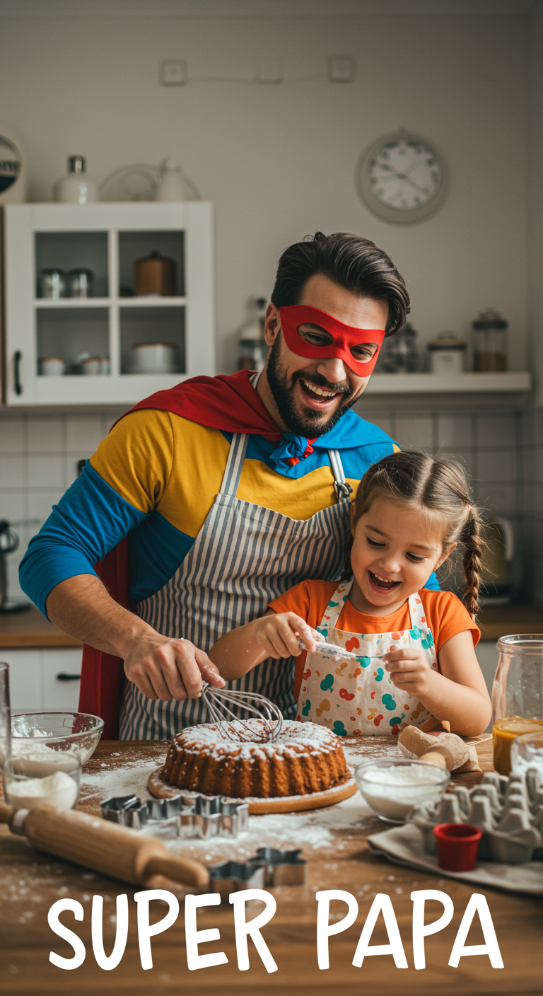 Super Dad Baking with Daughter in Kitchen