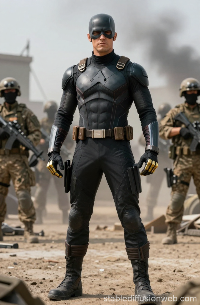 Super Soldier in Tactical Black Armor on Battlefield