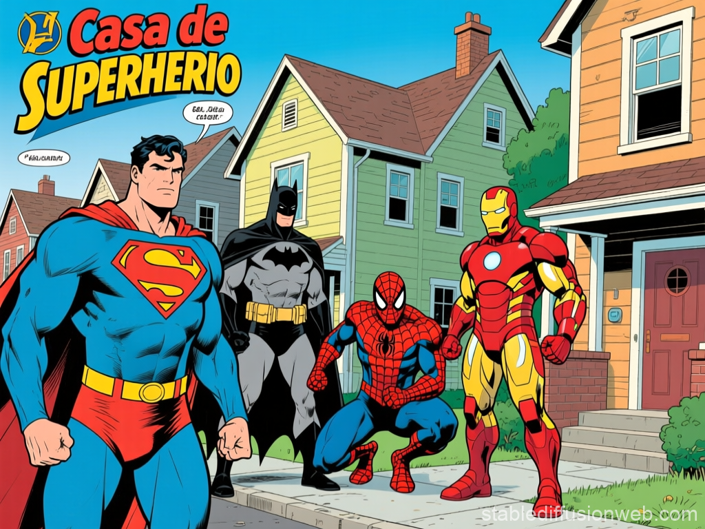 Superhero Gathering in Front of Suburban Houses