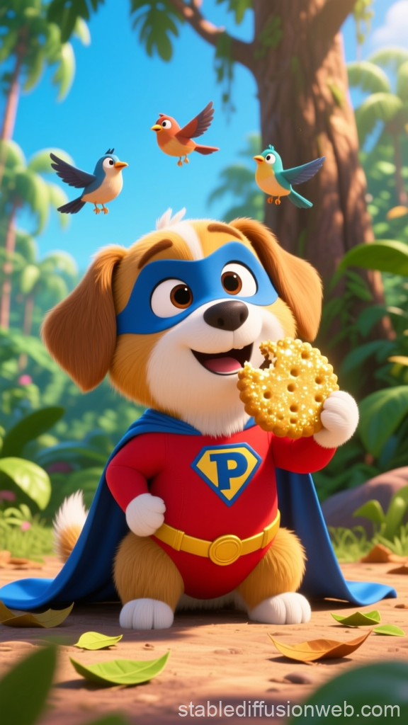 Superhero Puppy Enjoying a Snack in a Vibrant Jungle
