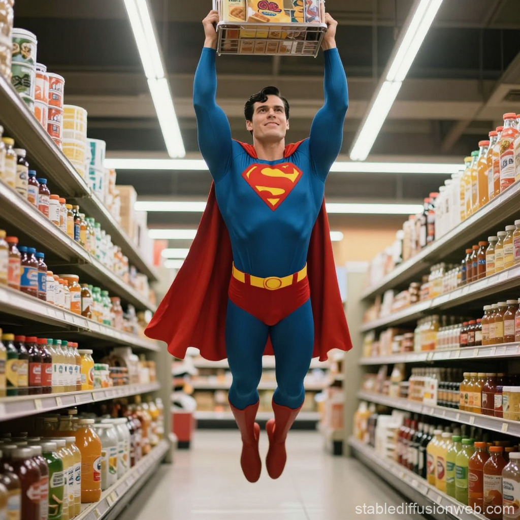 Superman Lifts Grocery Cart in Store Aisle