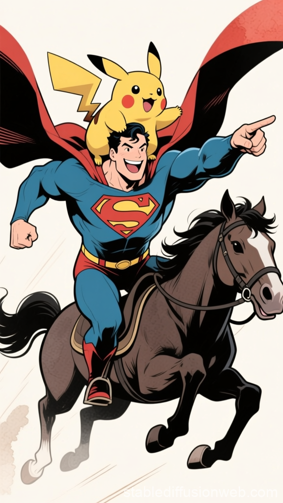 Superman Riding Horse with Pikachu on His Shoulders