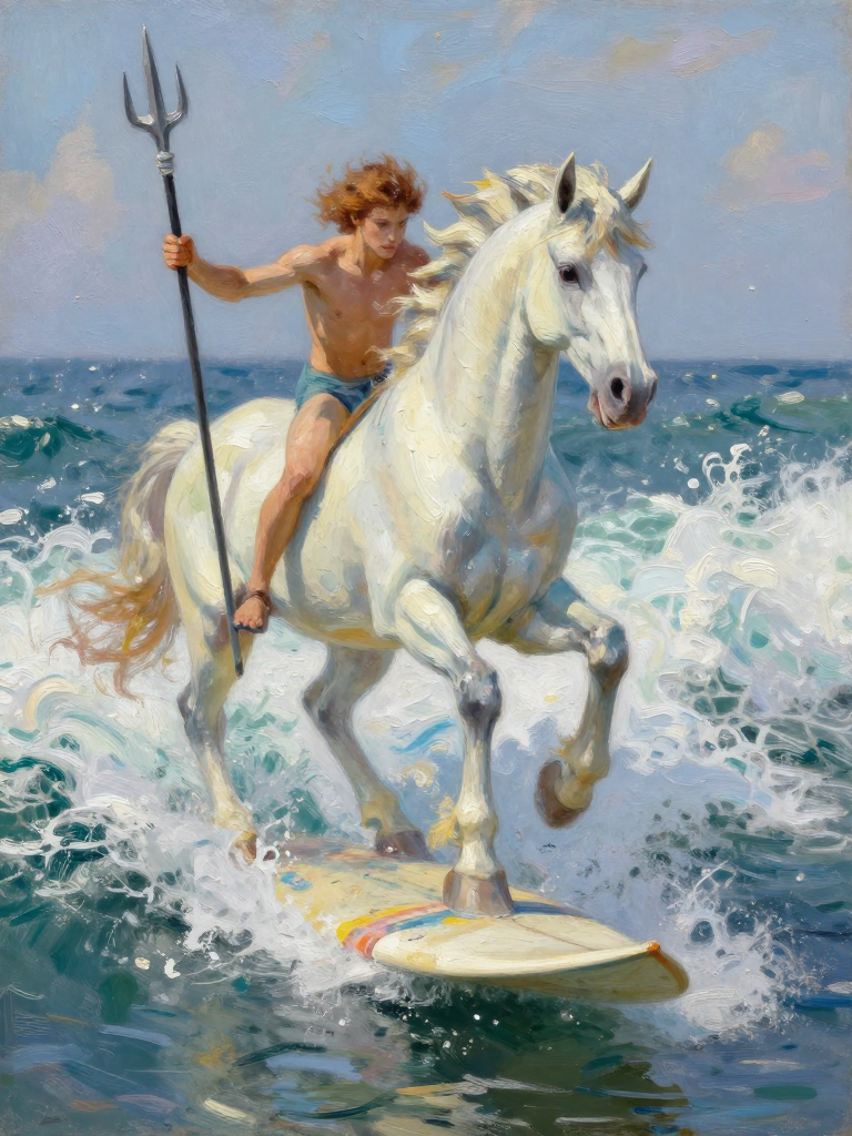Surfer Riding a White Horse on Ocean Waves