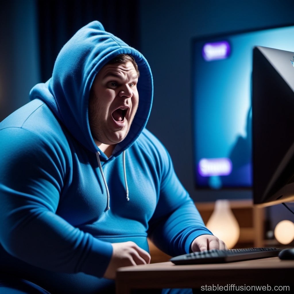 Surprised Gamer in Blue Hoodie at Computer