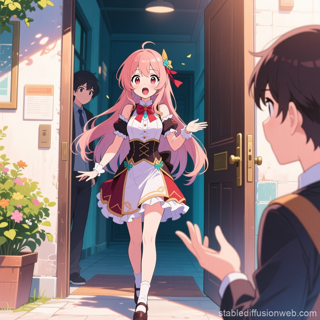 Surprised Girl Greeting at the Door in Anime Style