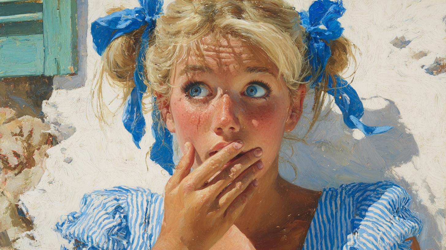 Surprised Girl with Blue Ribbons in Oil Painting Style
