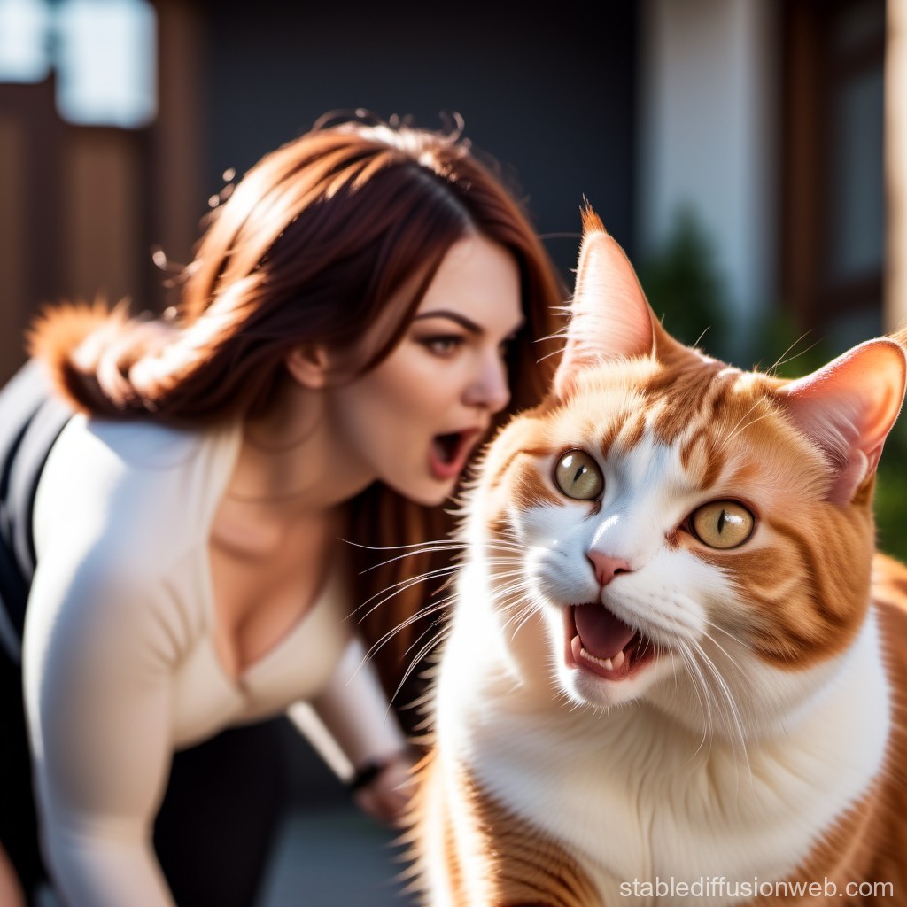 Surprised Woman and Playful Orange Tabby Cat