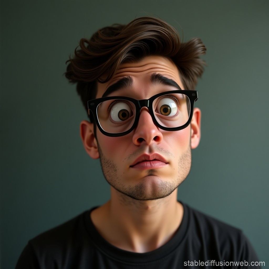 Surprised Young Man with Large Glasses in Realistic Style
